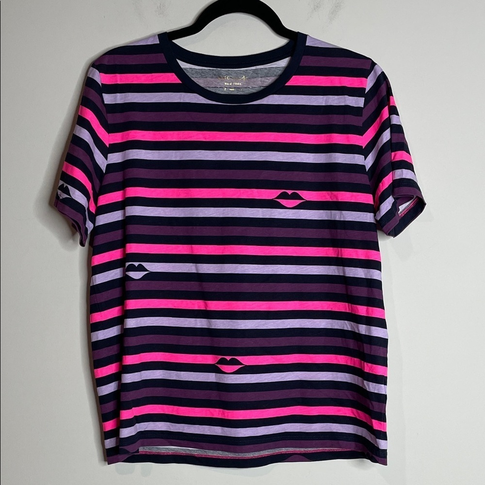 Kate Spade | Women’s Pink & Purple Striped Lips T-shirt 100% Cotton Size Large - Picture 2 of 6